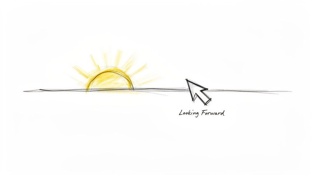 Artistic sketch of a yellow rising sun, a computer cursor, and 'Looking Forward' text.