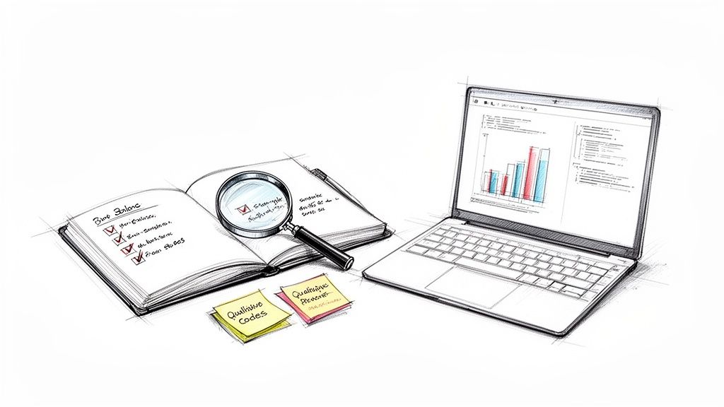 Sketch of a notebook with a checklist, magnifying glass, laptop with charts, and sticky notes for qualitative research.