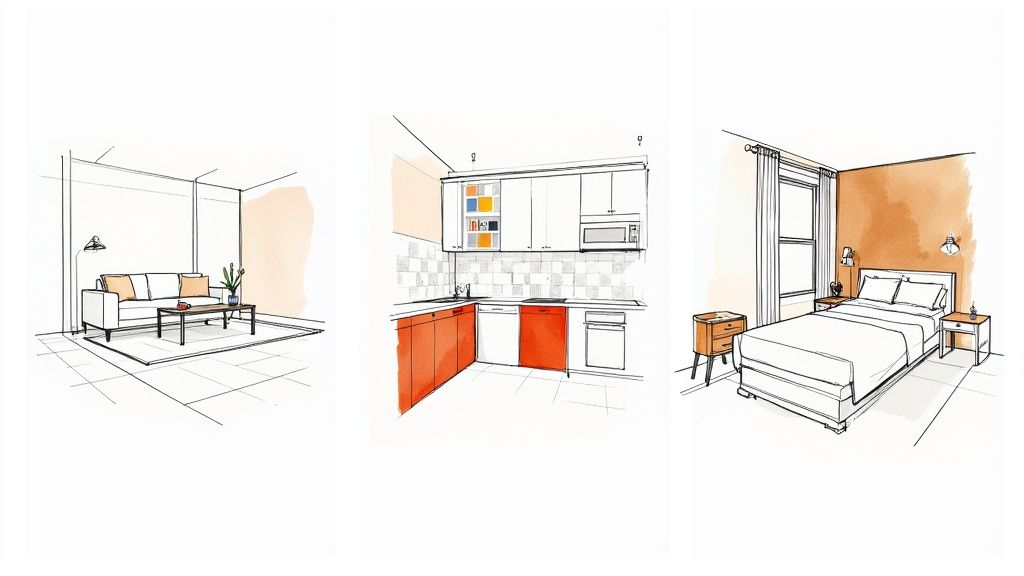 Three artistic sketches showing a modern living room, kitchen, and bedroom interior designs.