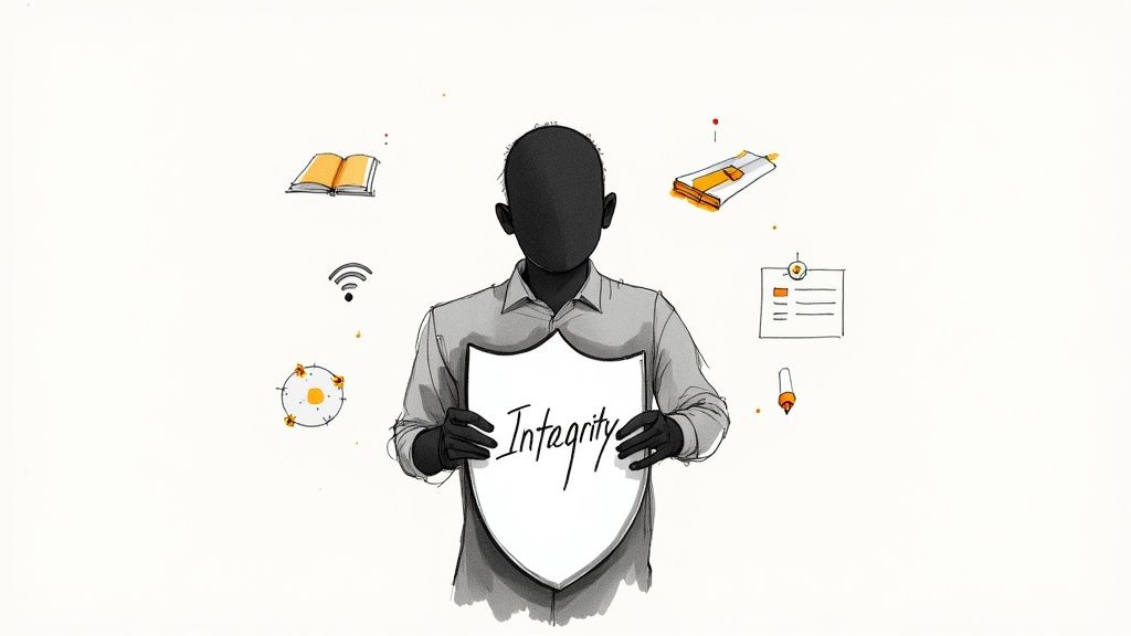 Illustration of person holding shield with integrity text surrounded by academic icons and symbols