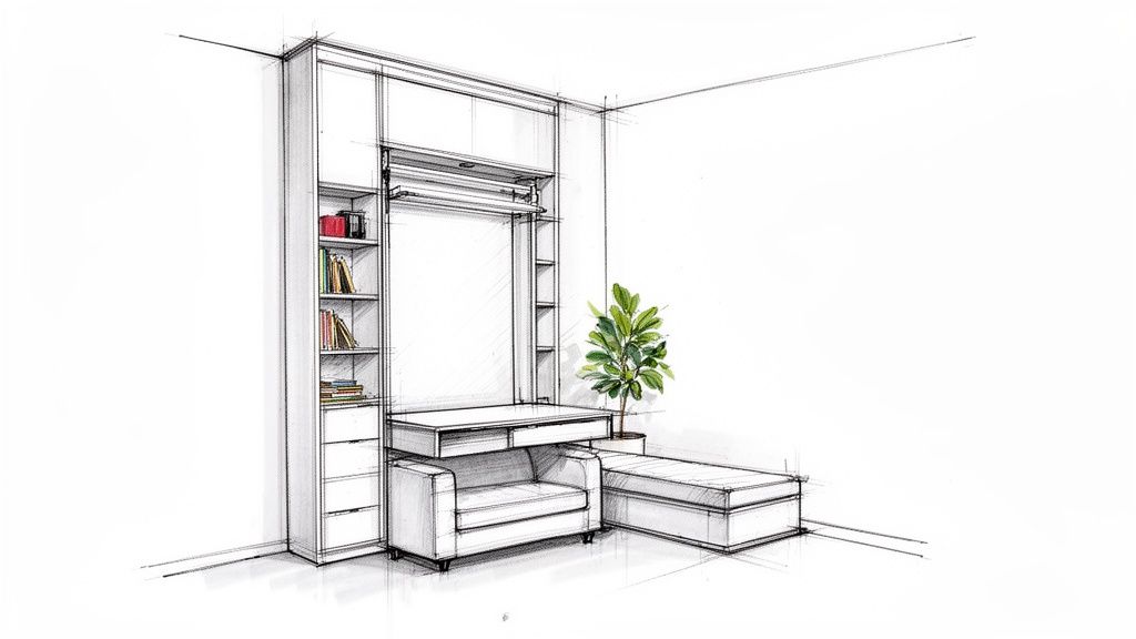 A detailed sketch of a modern studio condo interior featuring a wall unit with shelving, desk, sofa, and a plant.
