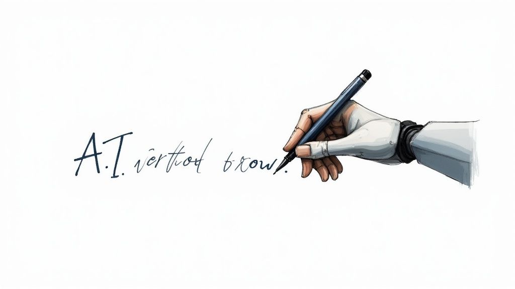 A magnifying glass examining digital text to represent AI detection.