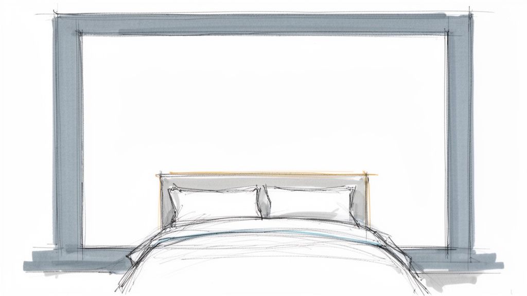 A hand-drawn sketch depicting a minimalist bedroom with a bed, headboard, and large grey trim.