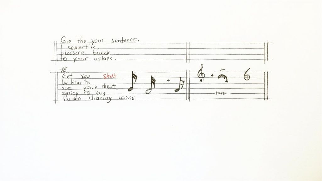 Handwritten musical score with personal notes on varying sentence structures and musical symbols.