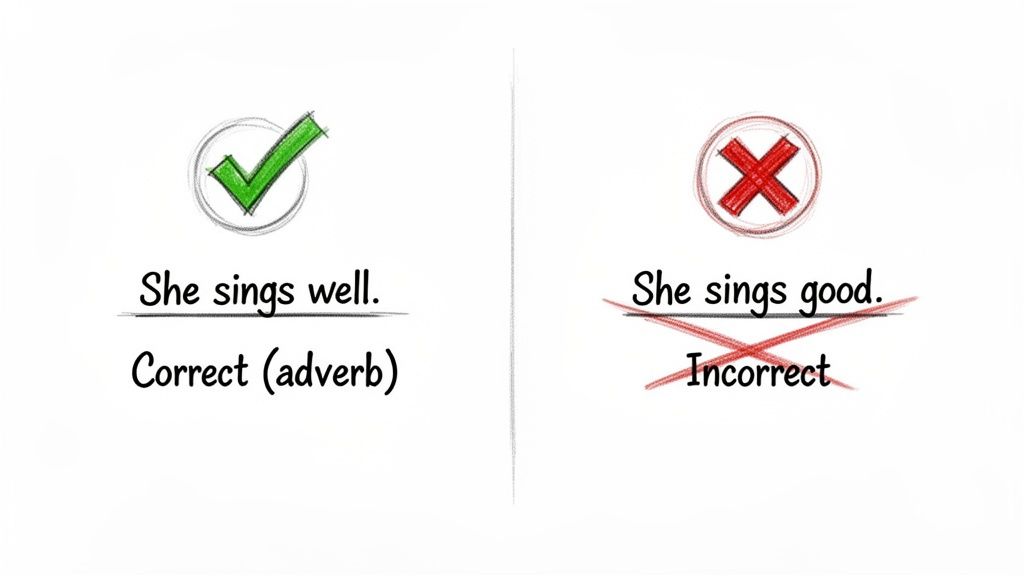 An image illustrating the correct use of 'well' as an adverb versus the incorrect use of 'good'.