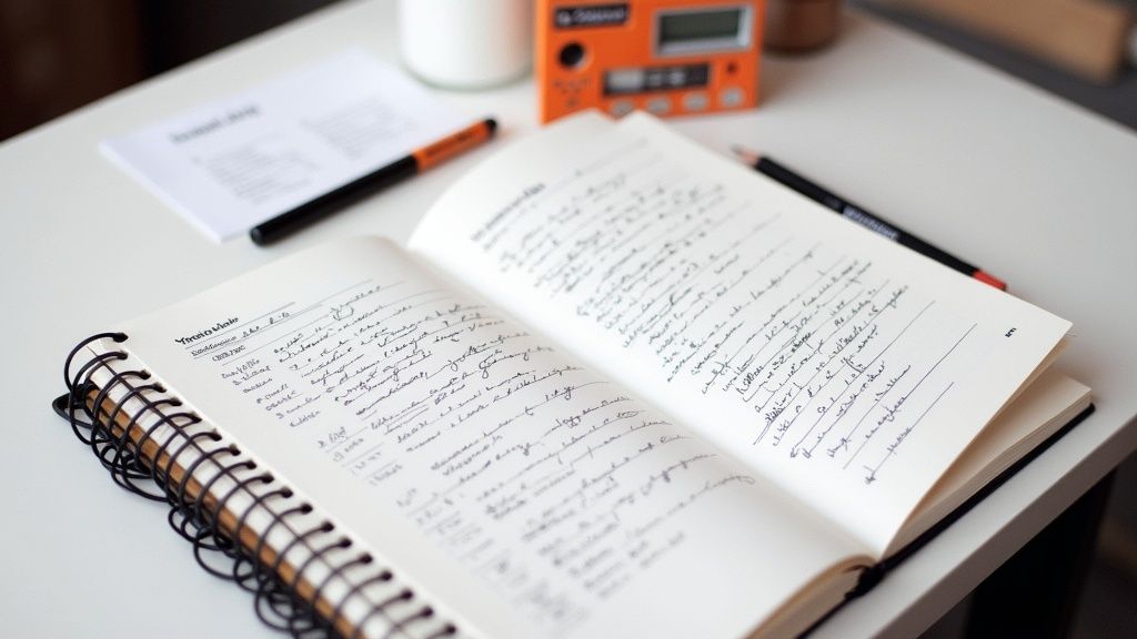 An open spiral-bound notebook filled with handwritten notes on a white desk, with pens.