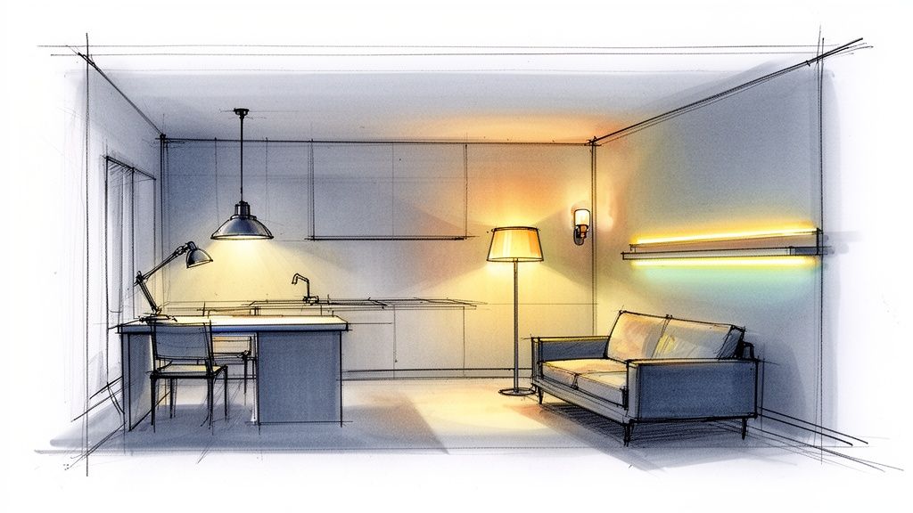 Hand-drawn sketch of a modern studio apartment interior with kitchen, dining table, and living area.