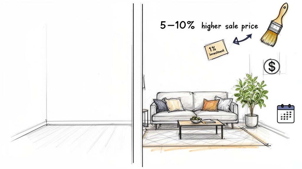 Sketch showing an empty room versus a staged living room, indicating 1% investment yields 5-10% higher sale price.