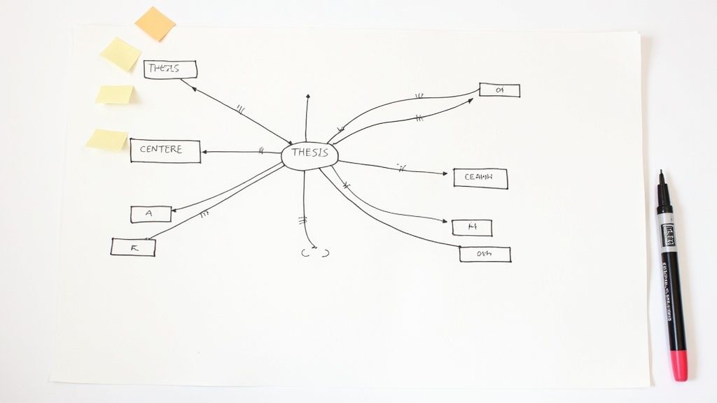 A hand-drawn mind map with 'THESIS' at the center, showing connected ideas and concepts on a white paper.