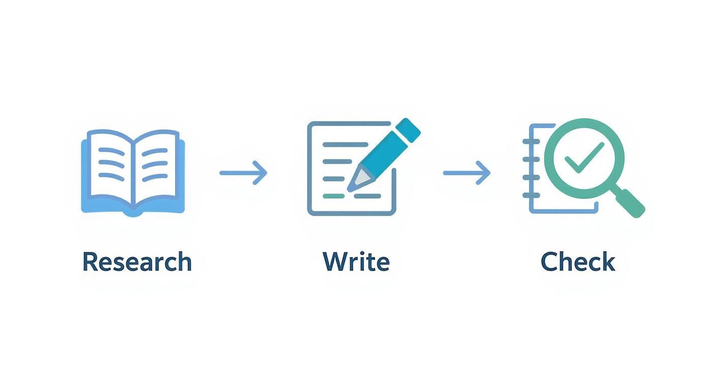 Infographic showing a simple three-step process: a book icon for research, a pen icon for writing, and a magnifying glass icon for checking