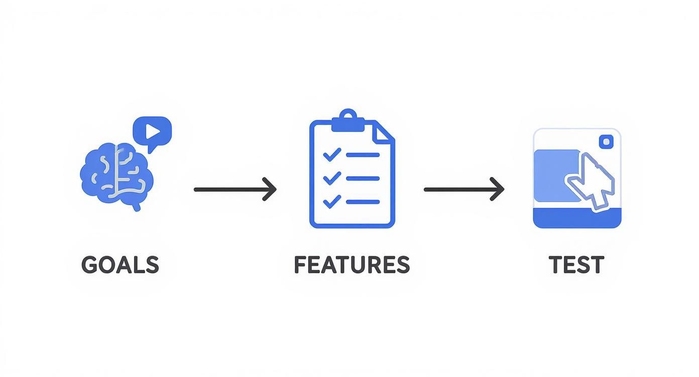 Flowchart illustrating the process from goals and features to testing, using brain, checklist, and mouse icons.