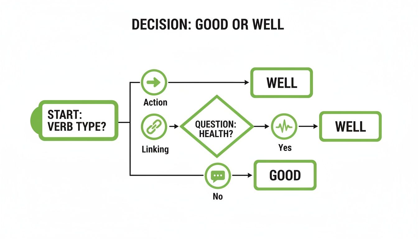 A grammar flowchart for deciding whether to use 'good' or 'well' based on verb type and health context.