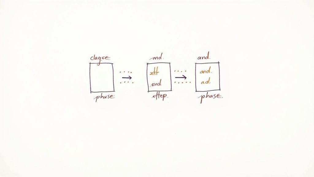 A handwritten diagram illustrating a linguistic transformation process of words like 'and' and 'ad' across three phases.