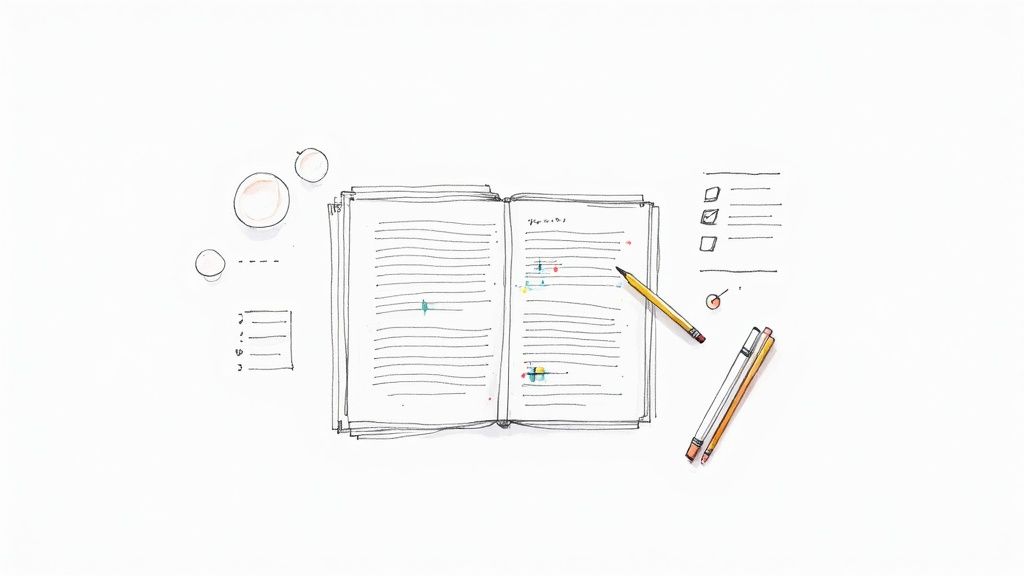 A person at a desk carefully reviewing a document on a laptop, with a red pen and a cup of coffee nearby.