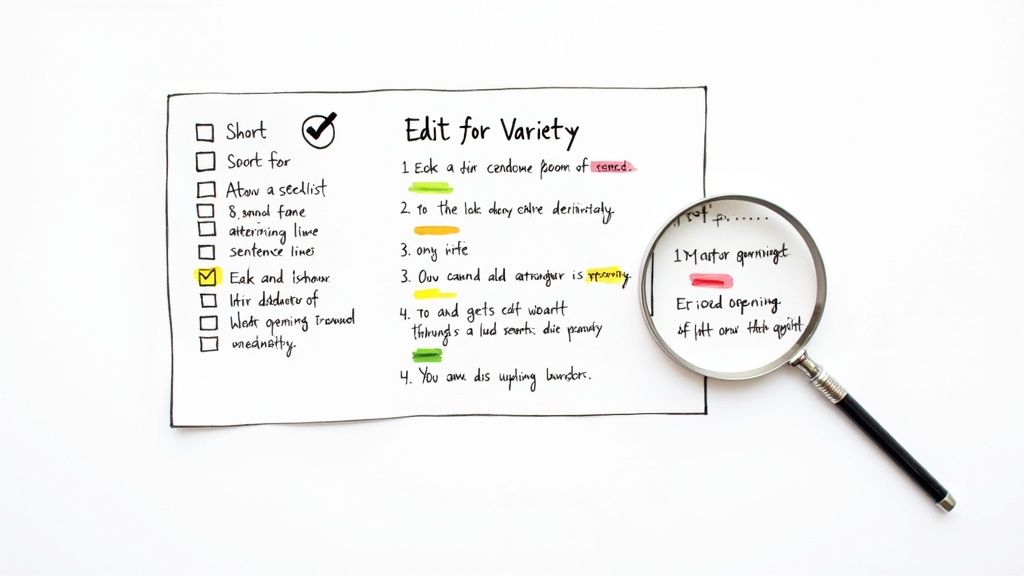 Handwritten checklist 'Edit for Variety' with notes and a magnifying glass, demonstrating text editing principles.