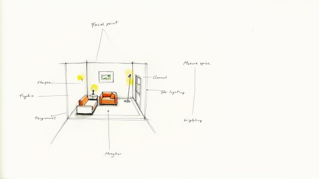 A hand-drawn sketch illustrating interior design elements and lighting within a living room space.