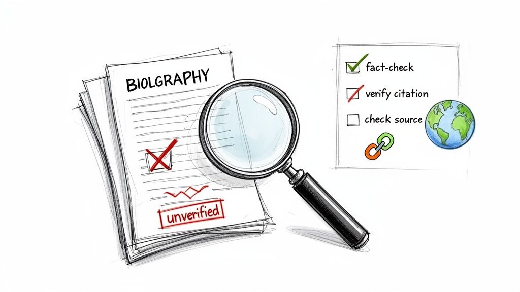 An illustration of documents being fact-checked, with a magnifying glass and a checklist for verification.