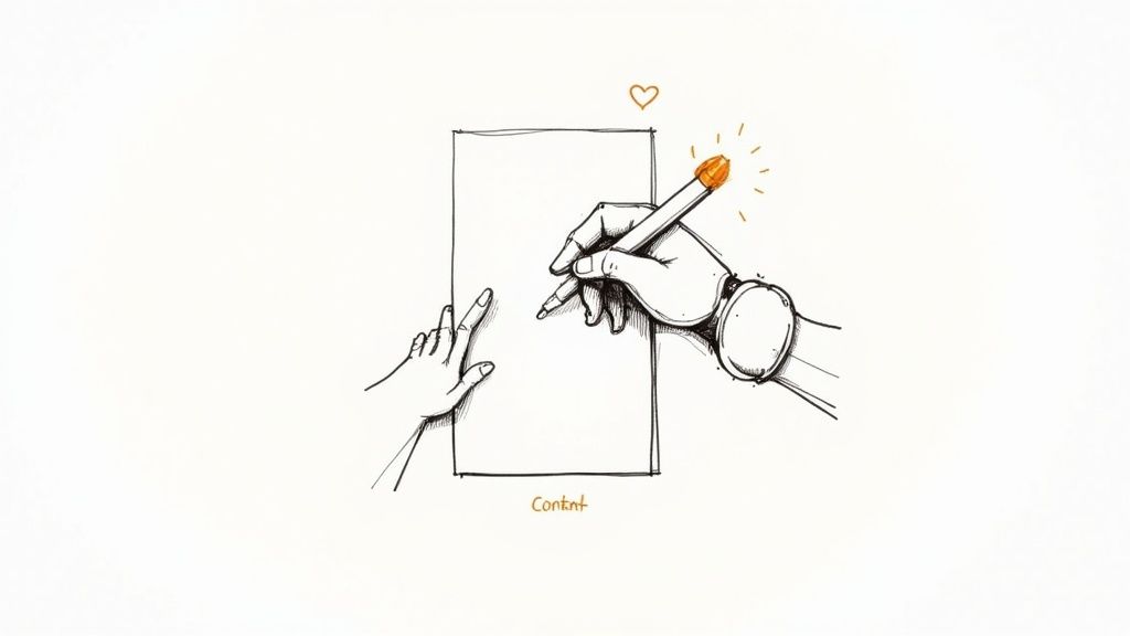 Human hand and AI robot hand collaborate to write content on a blank paper with a heart.