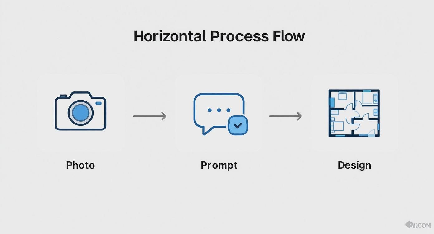 Horizontal process flow diagram showing three stages: photo input, prompt processing, and design output for AI room design