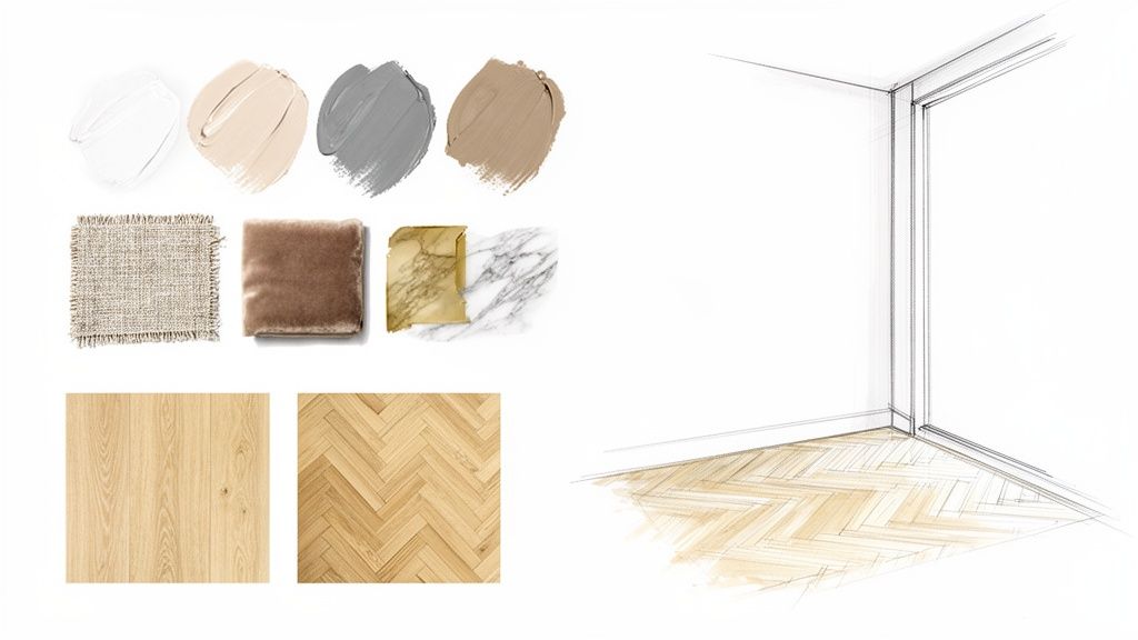 A modern Parisian interior design mood board with color swatches, fabric samples, material samples, and wood flooring options, next to a room sketch.
