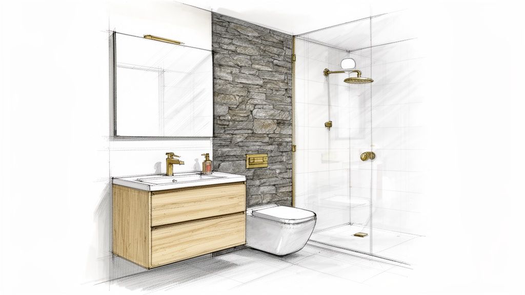 A detailed sketch of a modern bathroom featuring a wooden vanity, mirror, stone accent wall, toilet, and a glass shower.