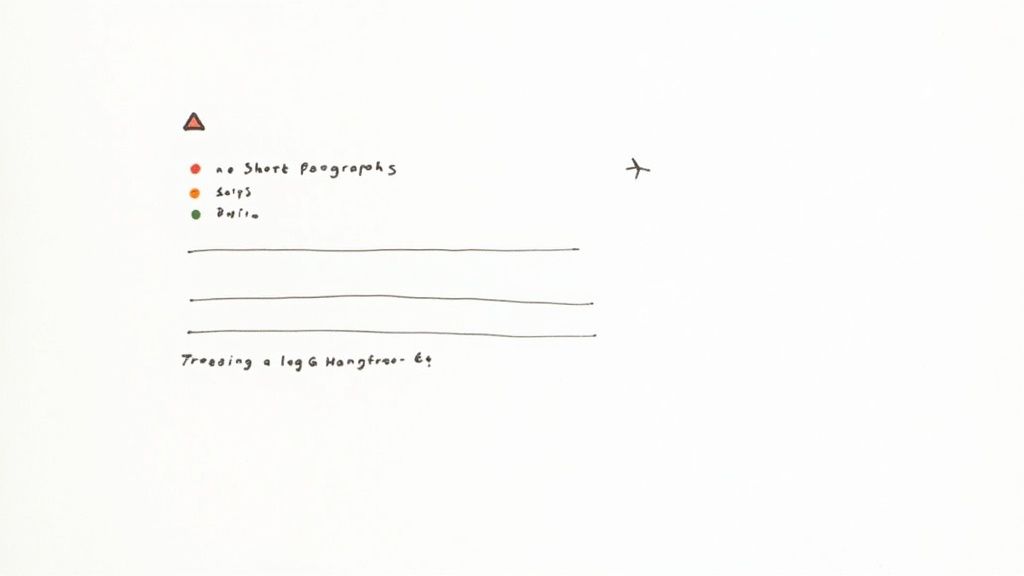 A simple white page with a red triangle, handwritten notes, colored dots, and drawn lines.