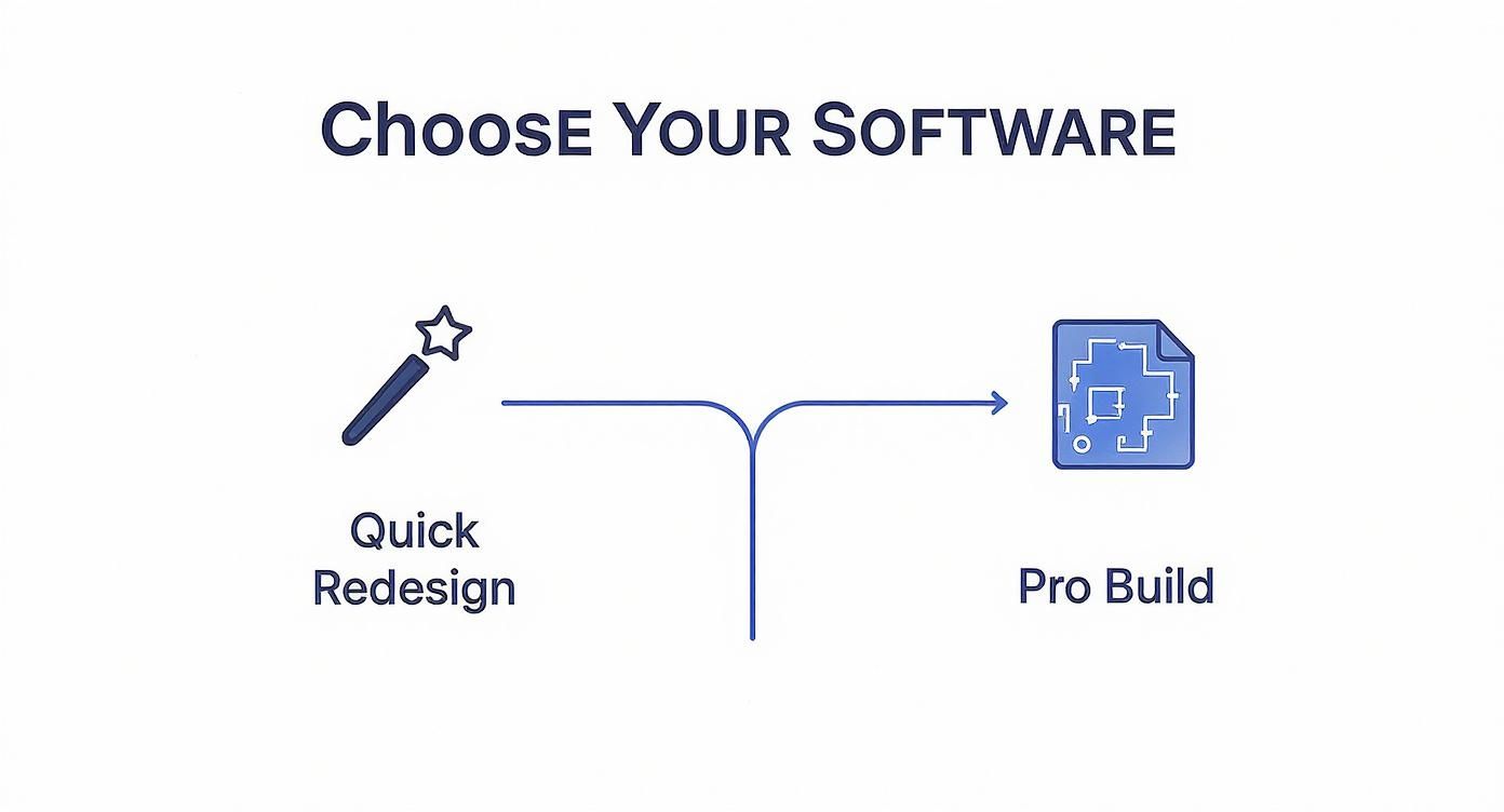A diagram titled 'Choose Your Software' presents options: Quick Redesign (magic wand) and Pro Build (blueprint).