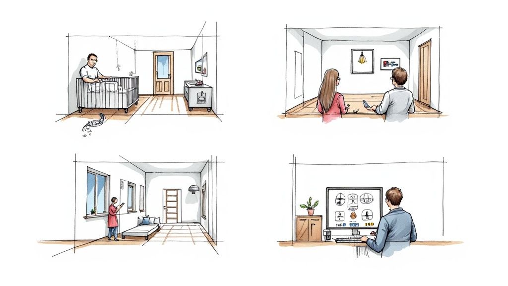 Four sketches illustrating individuals interacting with home environments and digital devices in different rooms.