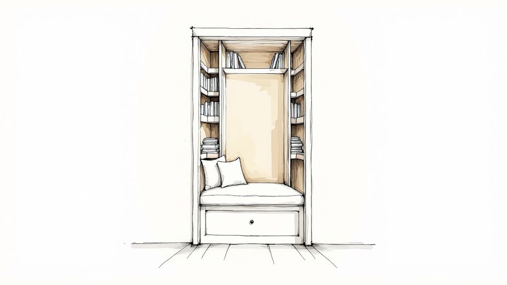 Illustration of a closet converted into a charming reading nook with integrated bookshelves and a storage drawer.