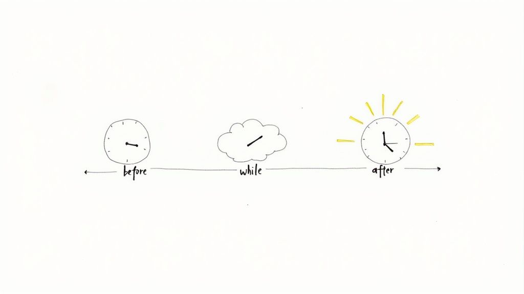 A visual timeline illustrating 'before,' 'while,' and 'after' stages with clocks and a cloud.