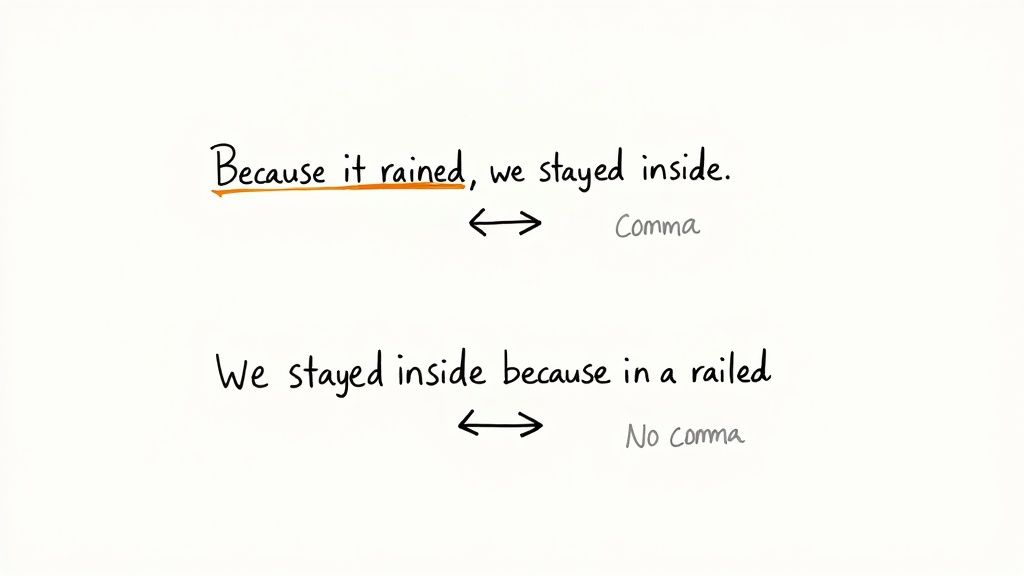 A close-up of a writer's hand using a comma stamp on a document, symbolizing the importance of correct punctuation.