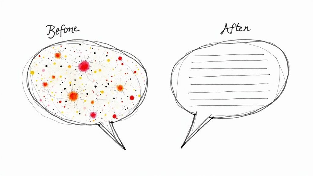 A person at a desk thoughtfully composing an email, illustrating clear and concise business communication.