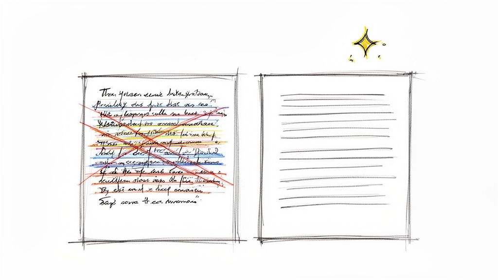 An illustration of a heavily edited draft page next to a clean, structured document with a sparkle.