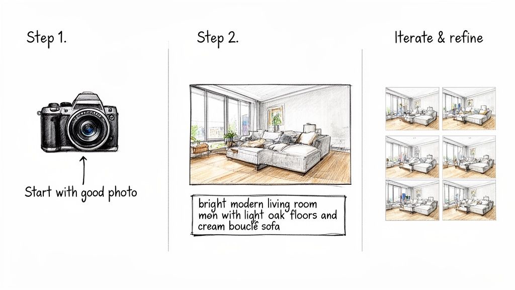 A diagram illustrating an AI interior design app workflow: photo input, text prompt for a living room, and generated variations.