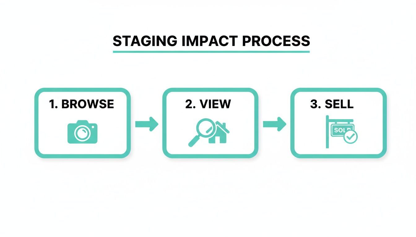 A diagram illustrates the staging impact process with steps: Browse, View, and Sell with icons.