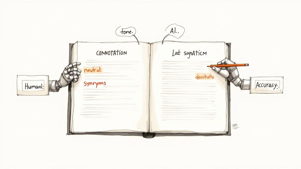 Robotic hands representing human and AI interact with an open book, contrasting connotation and denotation.