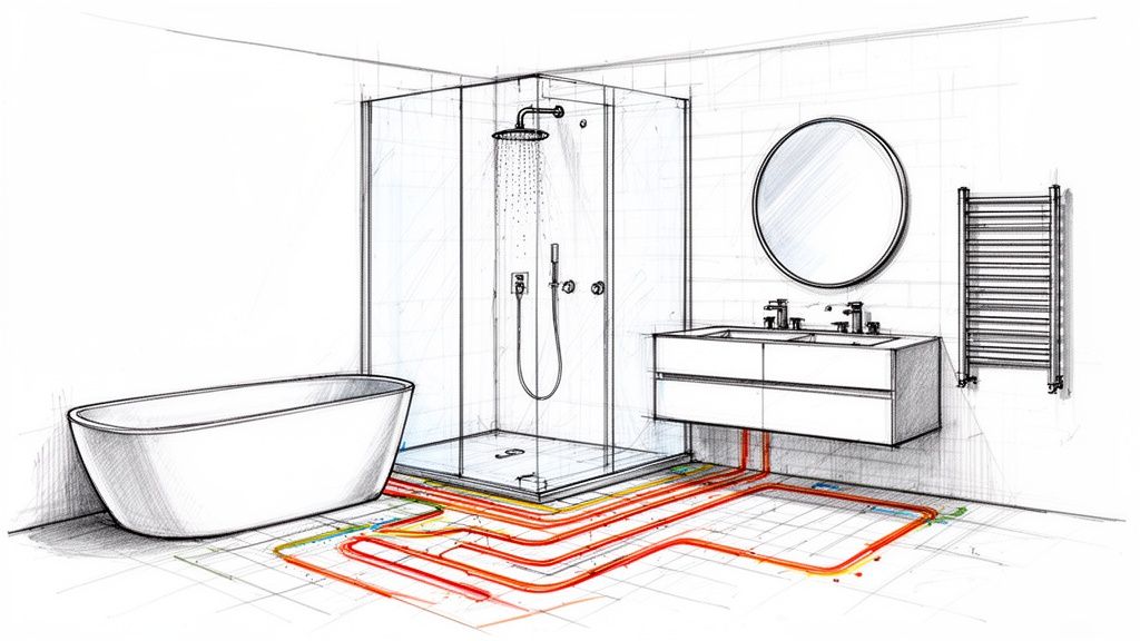 Architectural sketch of a modern bathroom with underfloor heating pipes, bathtub, shower, and double vanity.