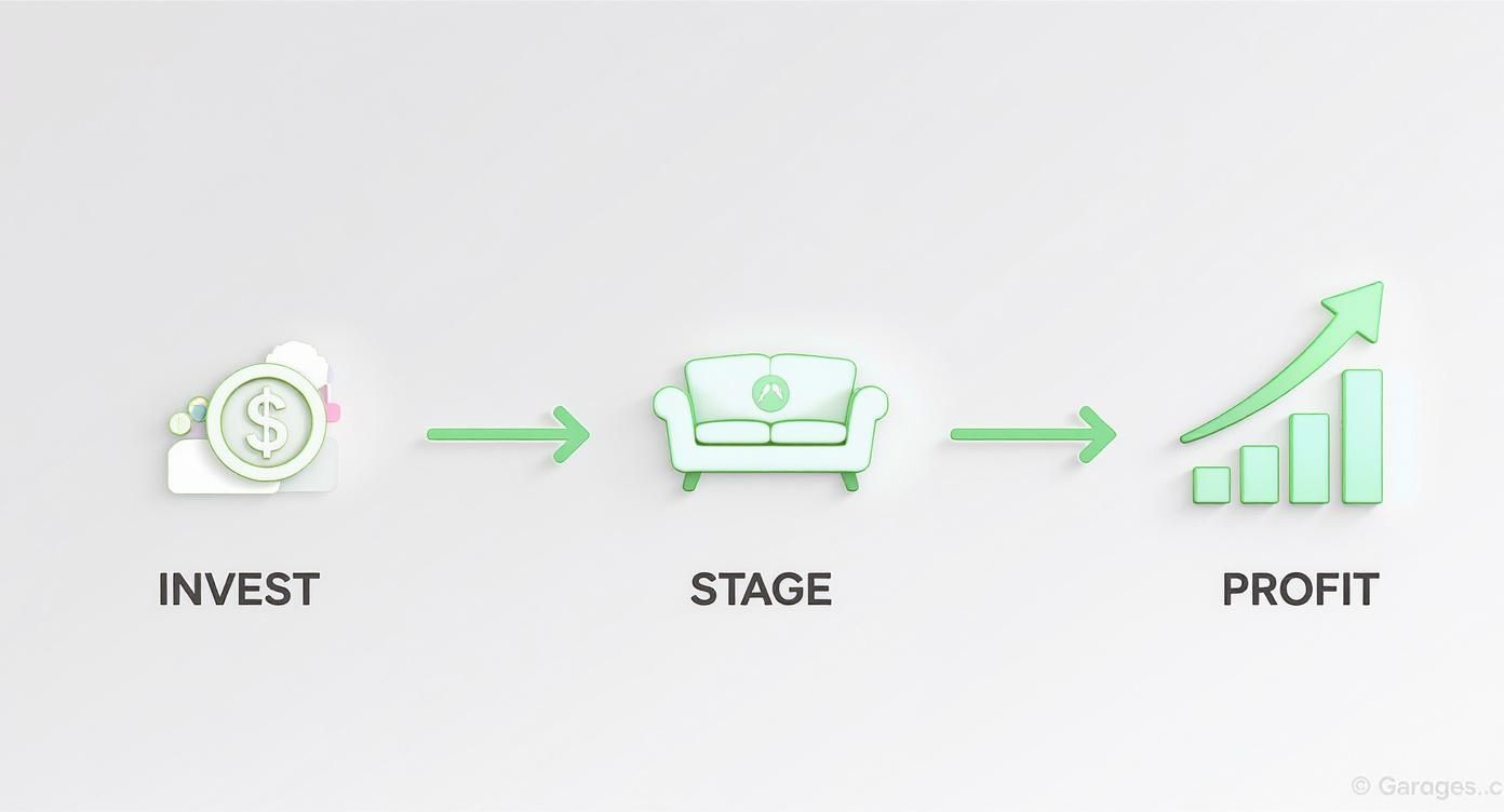 Investment to staging to profit flowchart showing virtual staging process leading to increased real estate returns