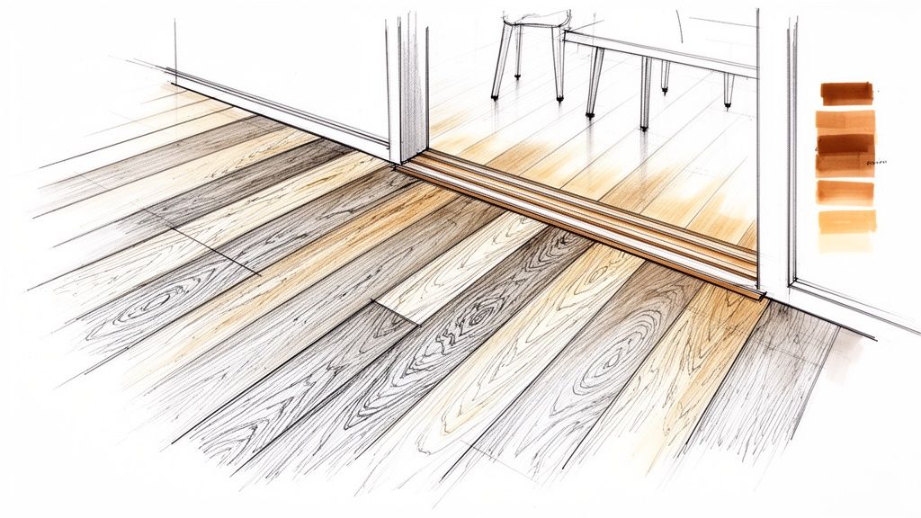 An architectural sketch illustrating two contrasting wooden floors separated by a threshold, with color swatches.