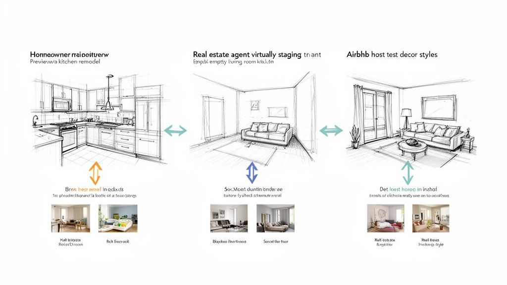 Architectural renderings demonstrate kitchen remodels, virtual staging, and various interior decor styles.