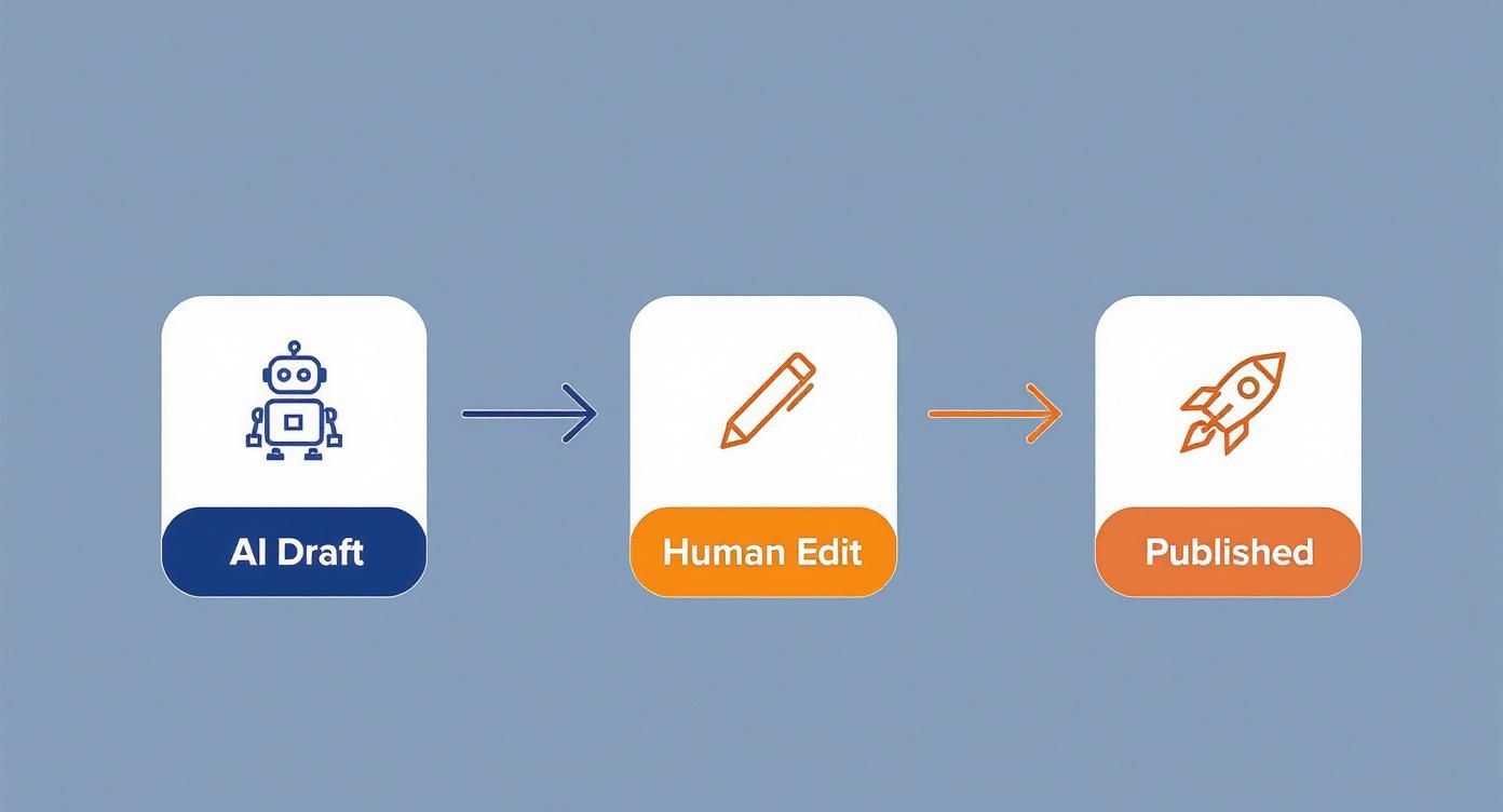Infographic showing the process flow of rewriting AI text from AI Draft to Human Edit to Published.