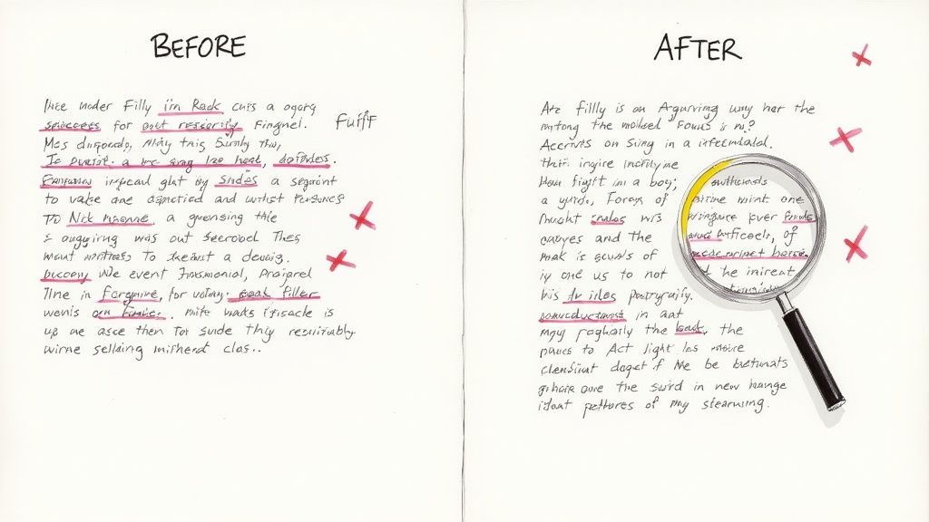 A handwritten comparison of 'Before' and 'After' texts, showing humorous corrections and a magnifying glass.