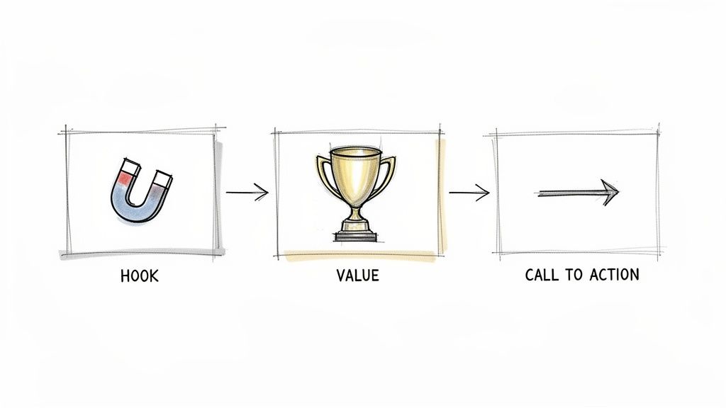 A hand-drawn diagram illustrating the marketing funnel: Hook (magnet), Value (trophy), Call to Action (arrow).