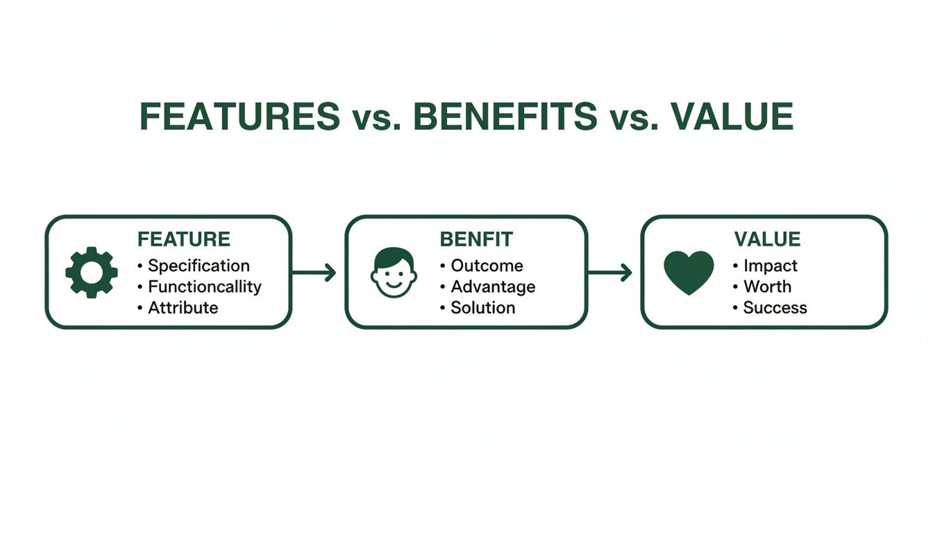 A visual guide illustrating the transformation from product features to user benefits and customer value.