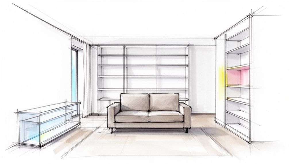 A hand-drawn architectural sketch of a modern living room interior with a sofa and bookshelves.