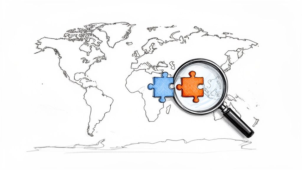 Hand-drawn world map with a magnifying glass highlighting two connecting blue and orange puzzle pieces.