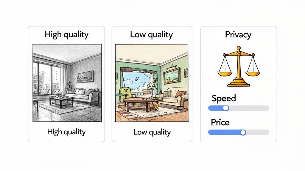Three cards comparing high and low quality interior designs, with sliders for privacy, speed, and price settings.