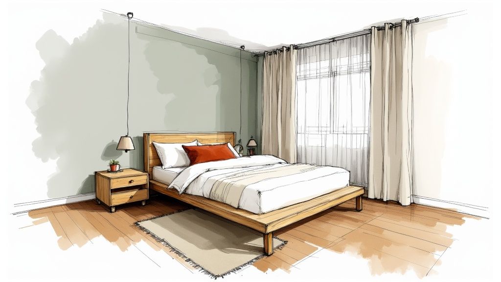 A hand-drawn sketch of a minimalist and cozy bedroom with a wooden bed, nightstand, and window curtains.