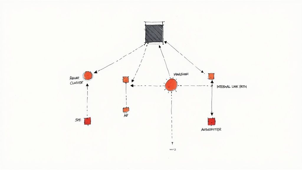 A hand-drawn diagram showing a central hub connected to various labeled and unlabeled entities with arrows.