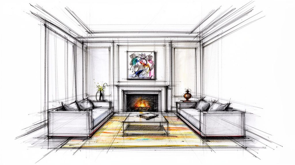 A detailed hand-drawn sketch of a contemporary living room with a fireplace, two sofas, a coffee table, and colorful abstract art.